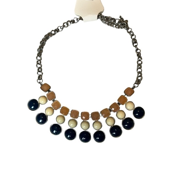 Statement Necklace w/ Faux Blue Taupe Cream Stone Silver Adjustable Chain NWOT - Picture 1 of 11